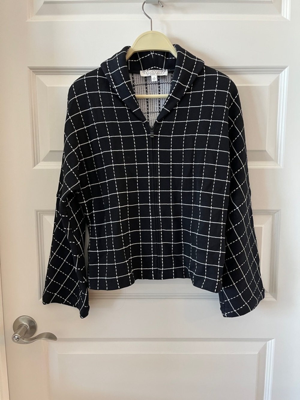 St. John Black and White Windowpane zip Cardigan Jacket